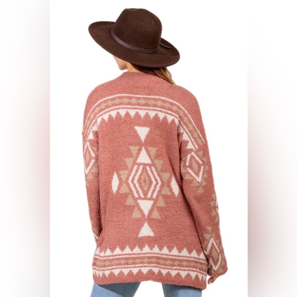 NWT-Boho Fuzzy Cardigan with Aztec Geometric Print - Picture 6 of 10